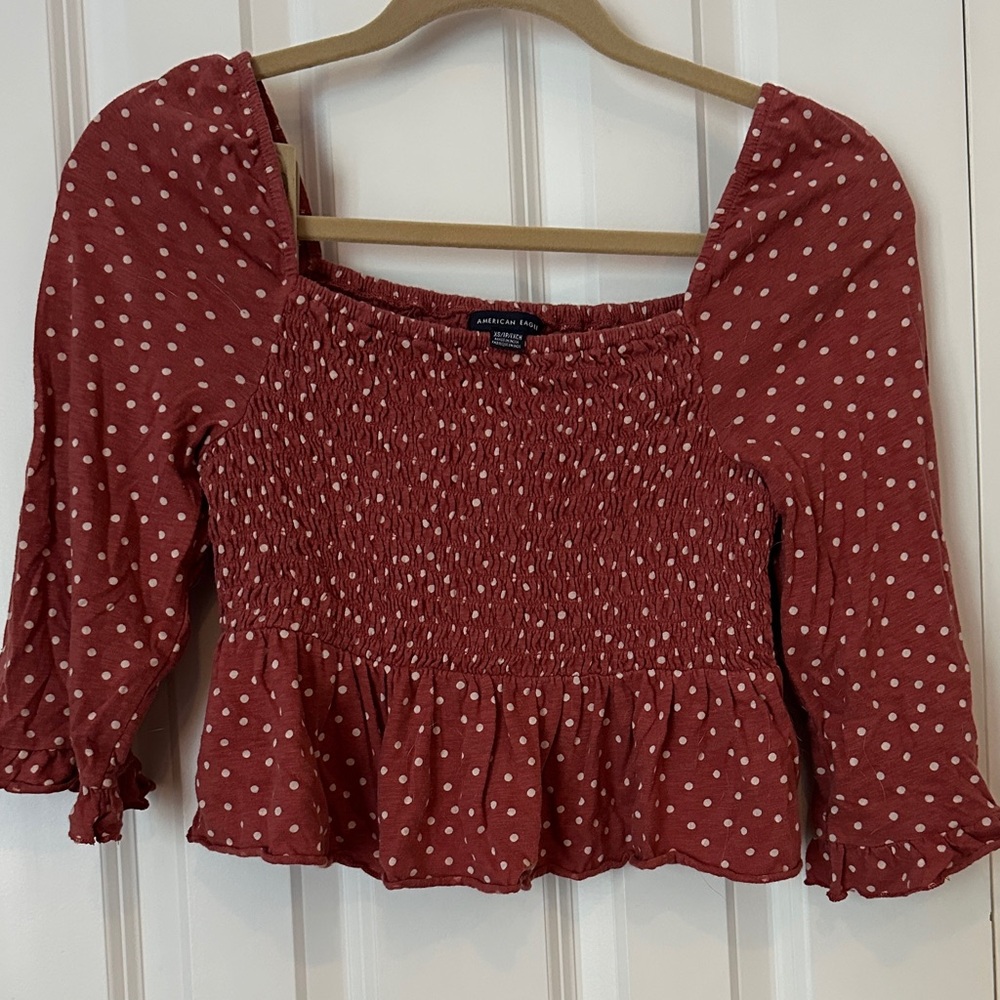 American Eagle Outfitters Red and White Polka Dot Blouse